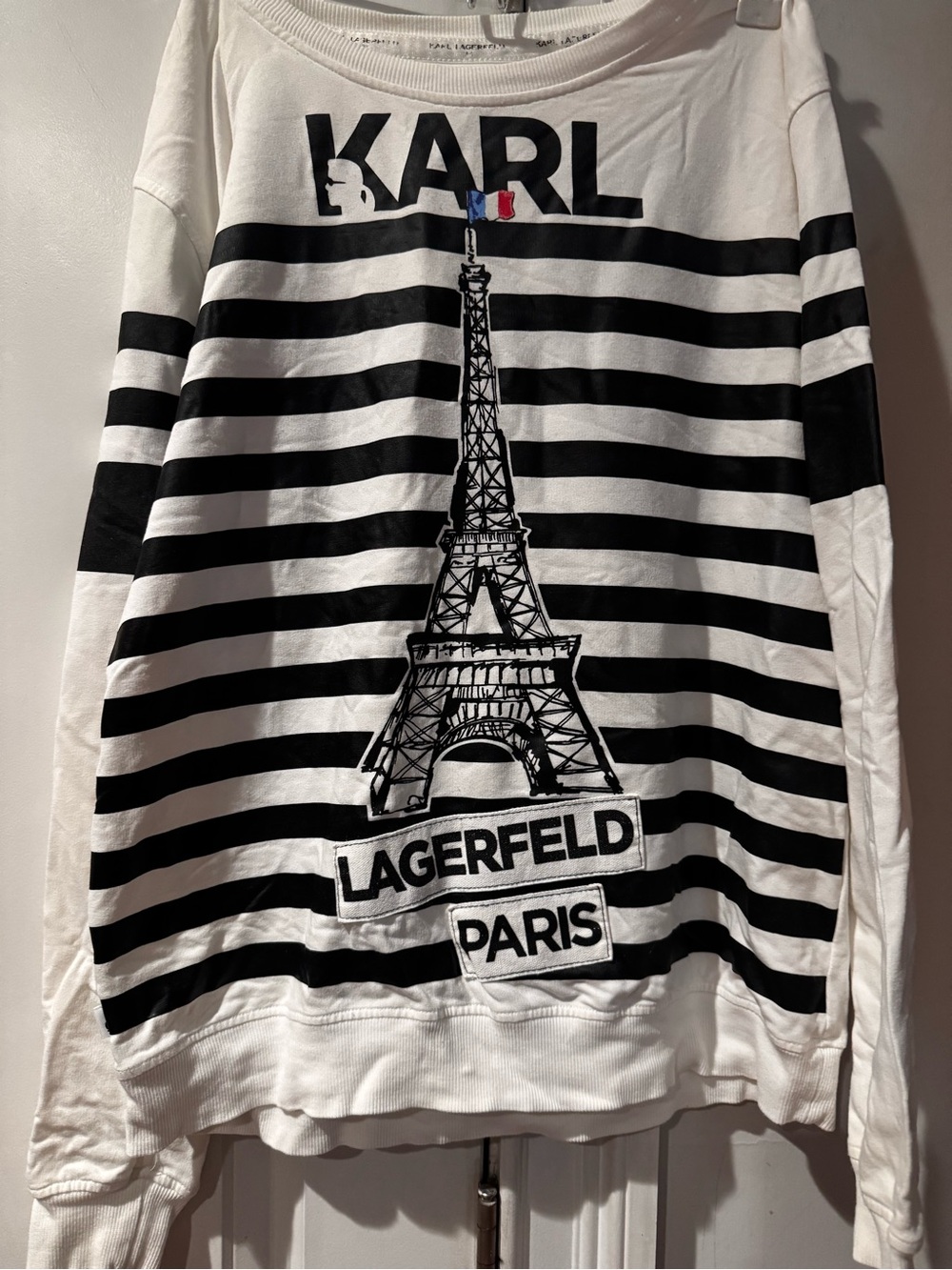 Karl Lagerfeld Paris Eiffel Tower Striped Graphic Sweatshirt.